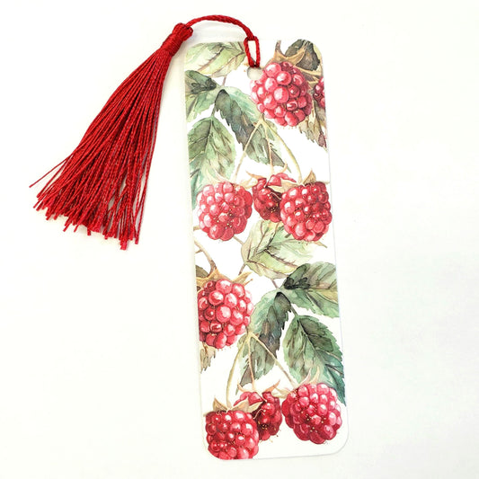 Raspberry Bookmark with tassel, botanical fruit design on bookmark. book club