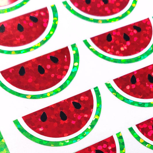 Red Watermelon Stickers, set of 48 sparkly summer fruit vinyl decals.