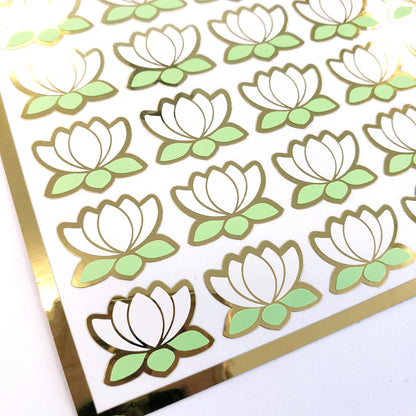 White Lotus Flower Stickers, set of 45 small water lily vinyl decals, wedding flower stickers for envelopes, scrapbooks and garden journals.
