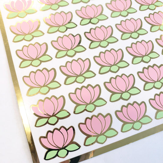 Pink and Gold Lotus Flower Stickers, set of 45 small water lily vinyl decals, wedding stickers for envelopes, scrapbooks and garden journals