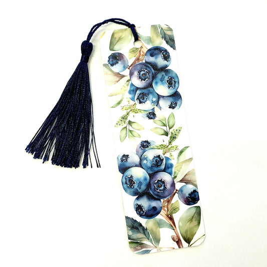 Blueberry Bookmark with tassel, botanical fruit design on bookmark.