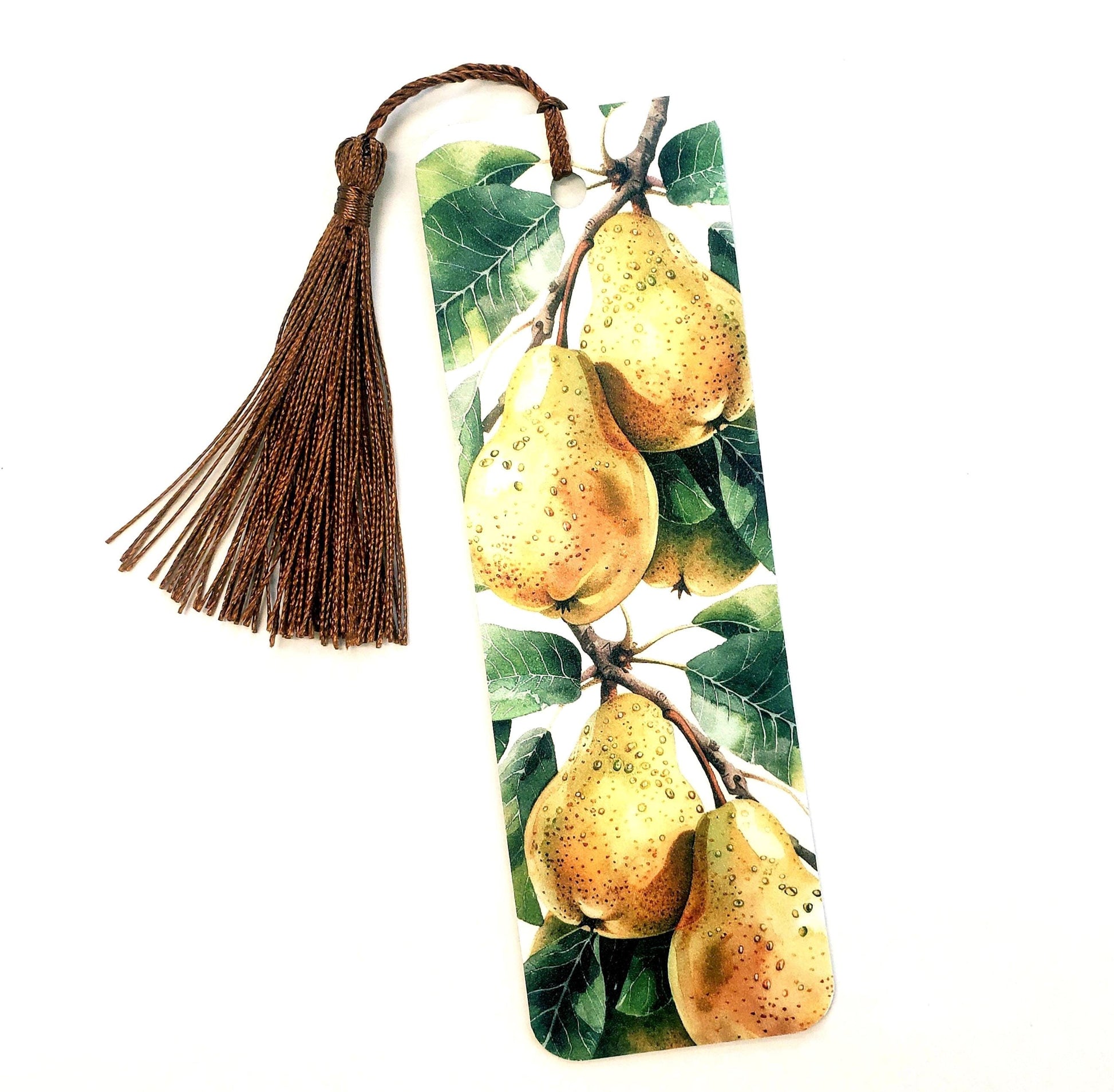 Golden Pears bookmark with brown silk tassel. Double sided printed botanical bookmark with pears.
