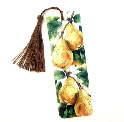 Golden Pears bookmark with brown silk tassel. Double sided printed botanical bookmark with pears.