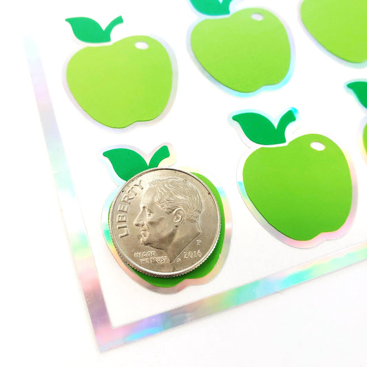 Green Apple Stickers, set of 30 small peel and stick apple vinyl decals for teachers, journals, recipe cards and envelopes.