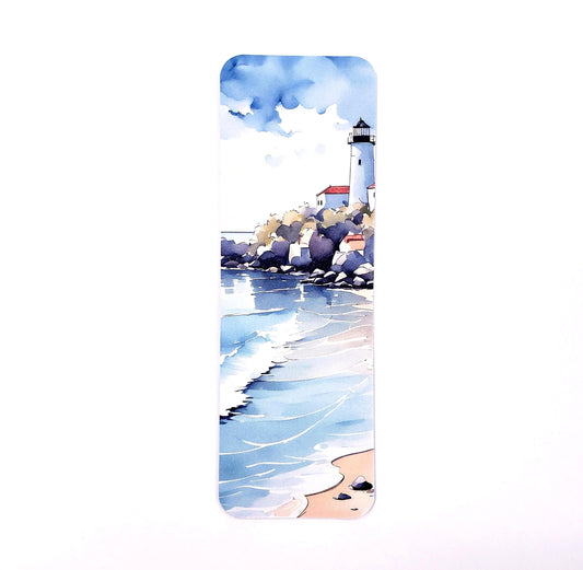 A watercolor painting of a lighthouse on a rocky shore with blue water and white waves. The lighthouse is white with a red roof and is surrounded by small buildings. The water is a light blue color and the waves are white. The sky is a light blue color with white clouds.