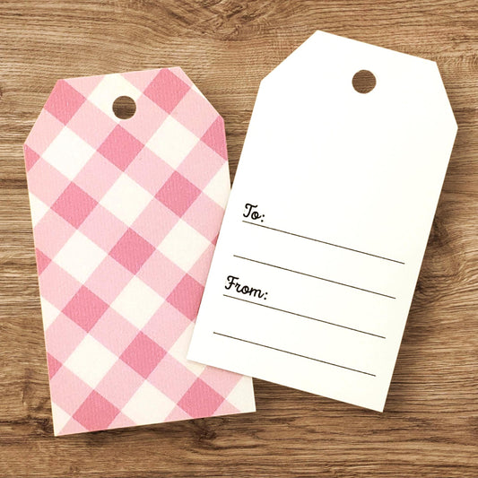 Gingham Gift Tags, Pink and White Double-Sided To/From Tags, Printed Cardstock Tags for Gifts, Baby Showers and Birthday Parties, set of 12.