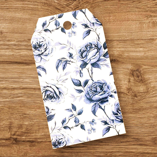 Rose Gift Tags in Dark Blue and White, Double-Sided To/From Tags, Printed Cardstock Tags for Bridal and Baby Shower Gifts, set of 12