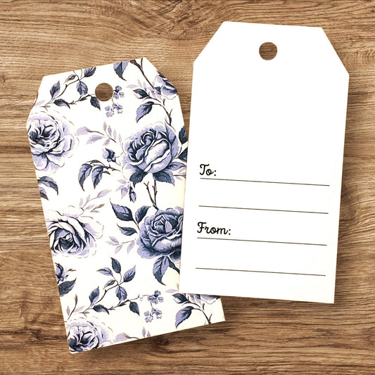 Rose Gift Tags in Dark Blue and White, Double-Sided To/From Tags, Printed Cardstock Tags for Bridal and Baby Shower Gifts, set of 12