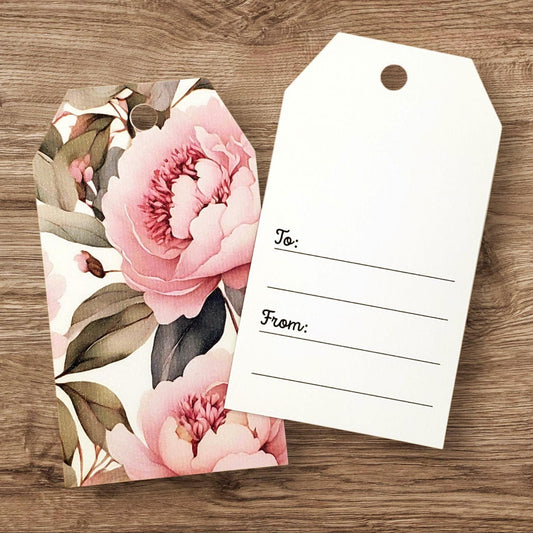 Pink Peony Flower Gift Tags, Double-Sided Favor Bag Tags, Printed Cardstock Labels for Bridal and Baby Shower Hostess Gifts, set of 12