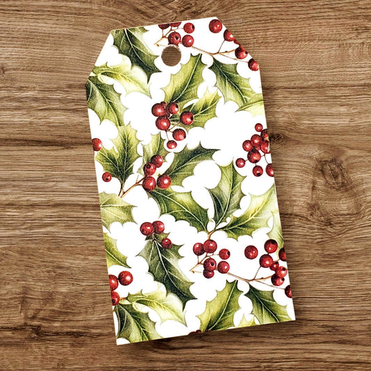 Christmas Holly Gift Tags, Double-Sided Favor Bag Tags, Printed Cardstock Holiday Labels for Hostess Gifts, set of 12
