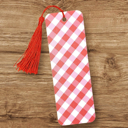 Gingham Bookmark, red and white double-sided printed bookmark, strawberry pattern on one side, gift for summer reader, country picnic style.