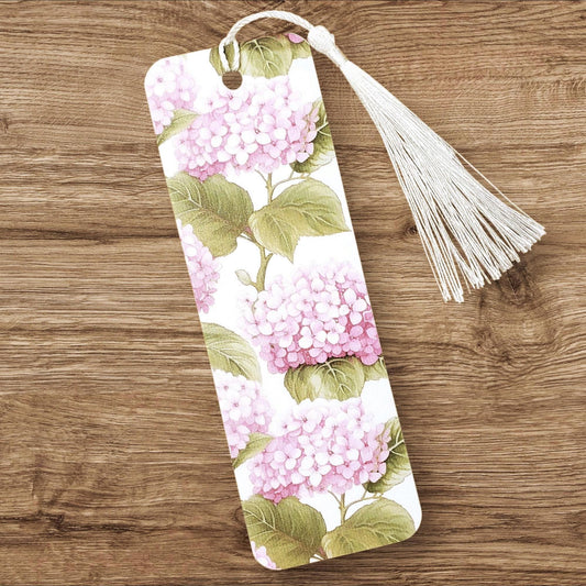 Pink Gingham and Hydrangeas Flowers Bookmark, double-sided printed bookmark with tassel, gift for summer reader, cottagecore country style.