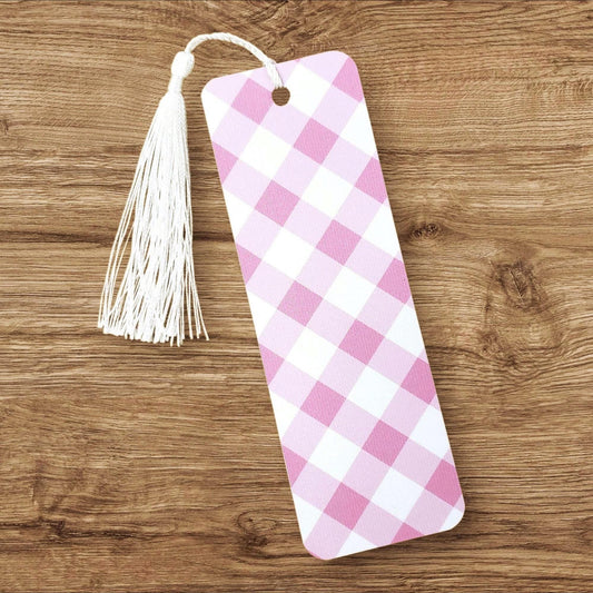 pink gingham printed bookmark, double-sided bookmark with tassel