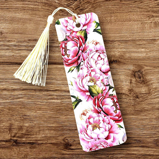 Peony Bookmark with tassel, pink peony flowers, summer gardening page marker, book club gift, wedding favor.