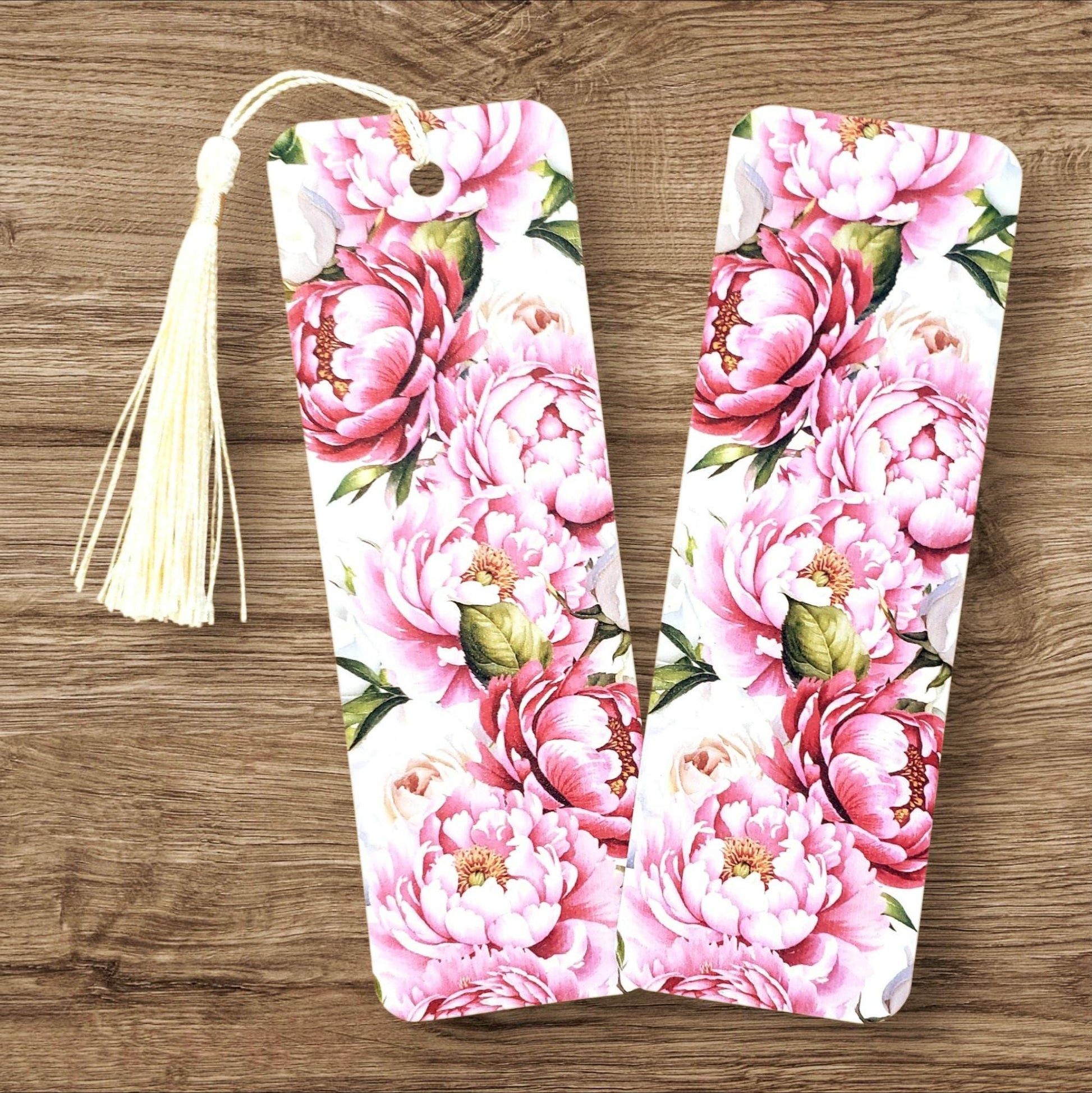 Peony Flowers Bookmark with tassel, double-sided