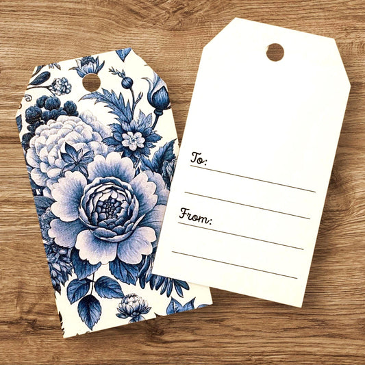 Floral Gift Tags in Dark Blue and White, Double-Sided To/From Tags, Printed Cardstock Tags for Bridal and Baby Shower Gifts, set of 12