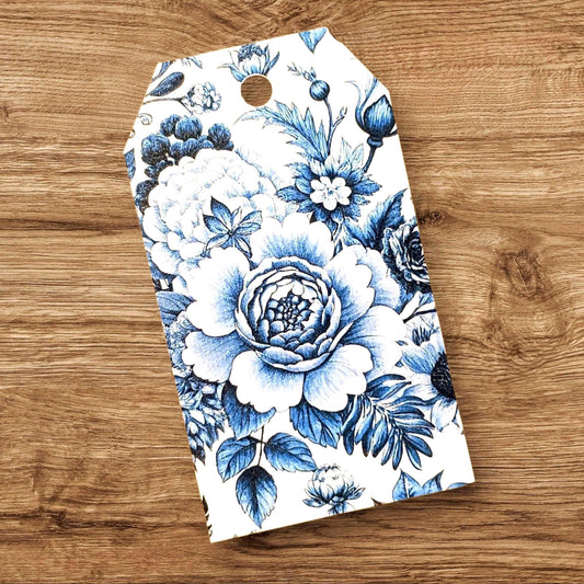 Floral Gift Tags in Dark Blue and White, Double-Sided To/From Tags, Printed Cardstock Tags for Bridal and Baby Shower Gifts, set of 12