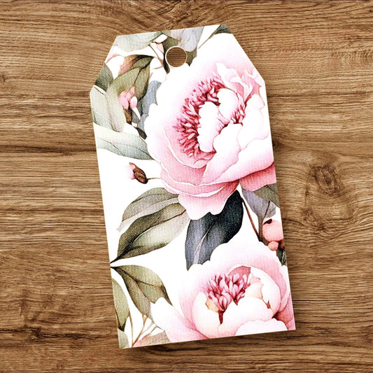 full color printed gift tags with pink peony floral design, set of 12 tags