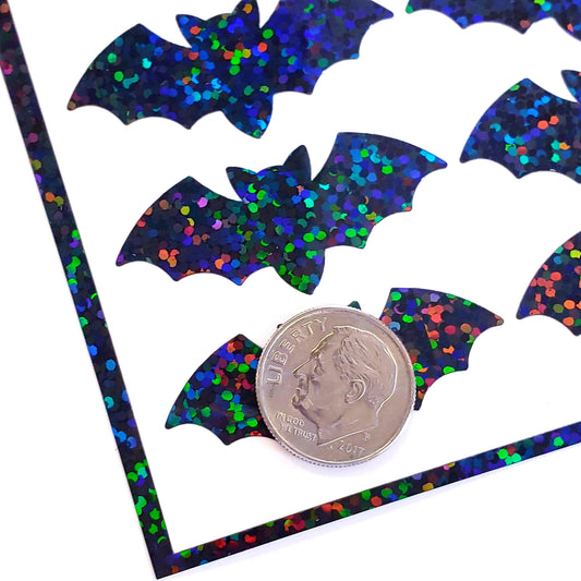 Black Bat Stickers for Halloween tumblers, scrapbooking, junk journals, spooky season goth stickers. Set of 24 sparkly bats larger 1.5 size