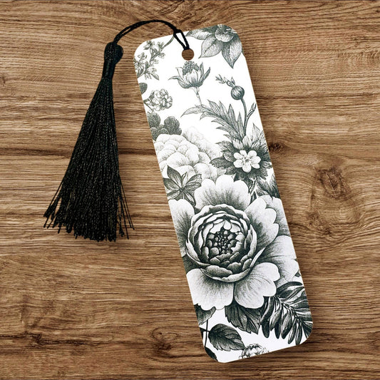double sided bookmark with black and white toile print, black tassel included.