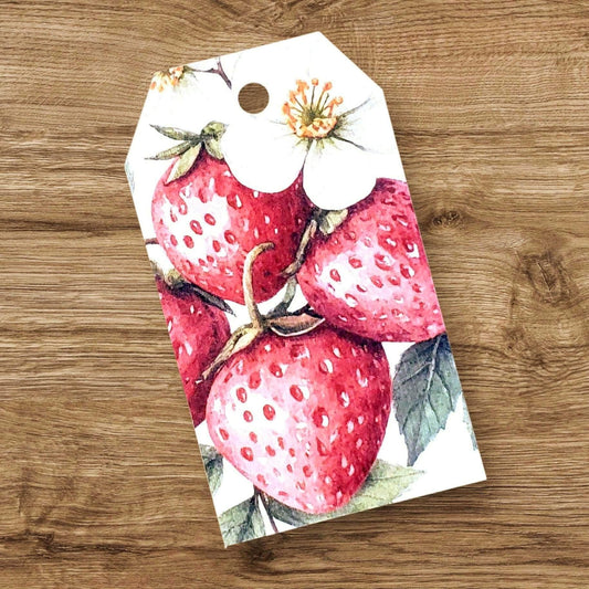 Strawberry Gift Tags, set of 12 Double-Sided Favor Bag Tags, Printed Cardstock Labels for Hostess Gifts, botanical style fruit design.