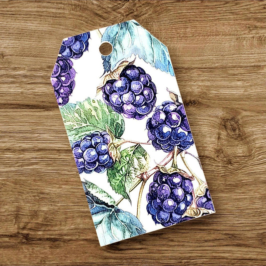 Blackberry Gift Tags, set of 12 Double-Sided Favor Bag Tags, Printed Cardstock Labels for Hostess Gifts, botanical style fruit design.