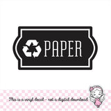 Paper Recycle Decal, computer cut recycling labels, trash recycle plastic glass paper metal bottles, recycling tote decals, PAPER