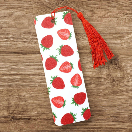 Gingham Bookmark, red and white double-sided printed bookmark, strawberry pattern on one side, gift for summer reader, country picnic style.