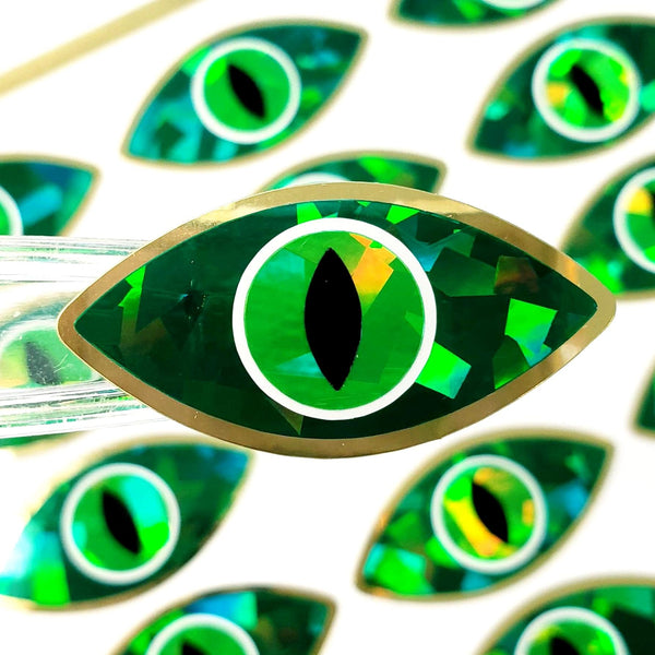 Green Dragon Eye Stickers, Set of 20 Peel and Stick Sparkly Reptile Eyes with Gold Border, fantasy book reader gift, snake eyes for crafts.