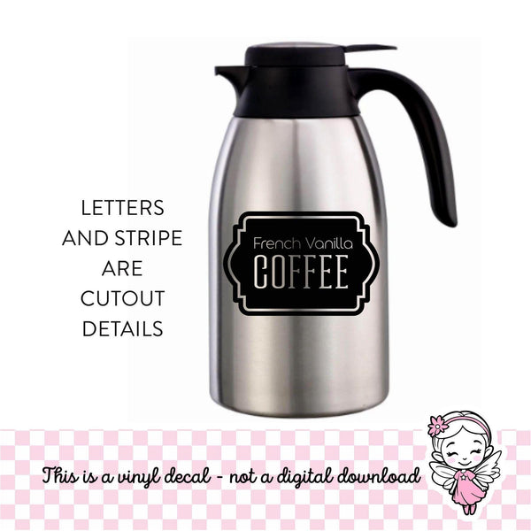 French Vanilla Coffee decal in black applied to silver carafe