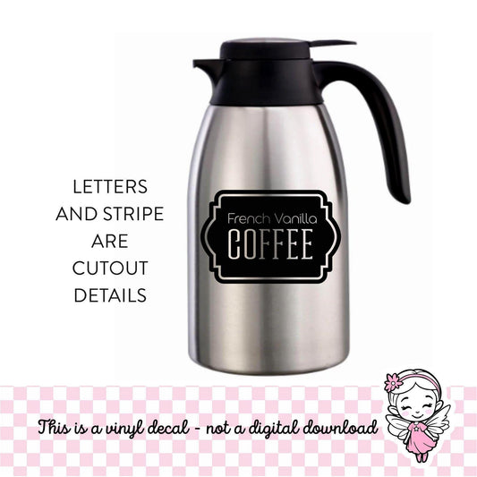 French Vanilla Coffee decal in black applied to silver carafe