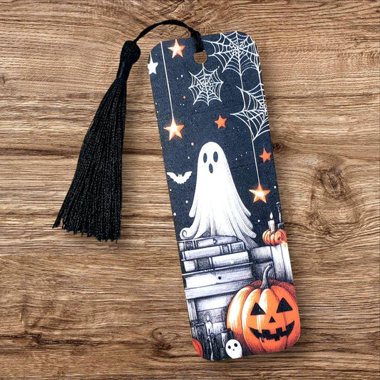 Cute Ghost Bookmark with tassel, double sided full color printed bookmark, Halloween cartoon ghost with bookshelf and carved pumpkins.