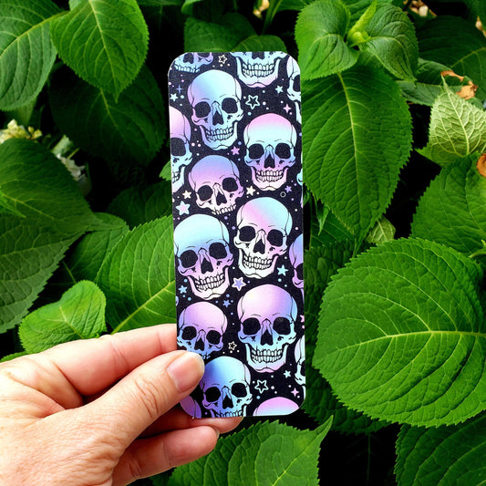 Skulls Bookmark, double-sided color printed laminated bookmark, gift for reader, pastel goth skeleton Halloween bookmark.