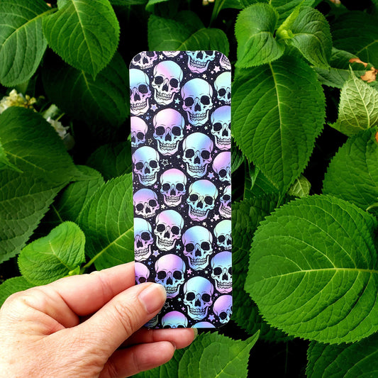 Skulls Bookmark, double-sided color printed laminated bookmark, gift for reader, pastel goth skeleton Halloween bookmark.