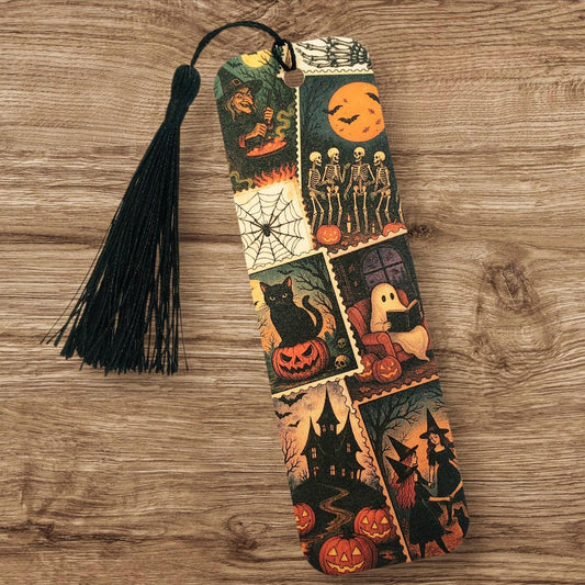 Vintage Stamps Style Halloween Bookmark, double-sided printed bookmark for teachers, trick or treat bags, October birthday gift for readers.