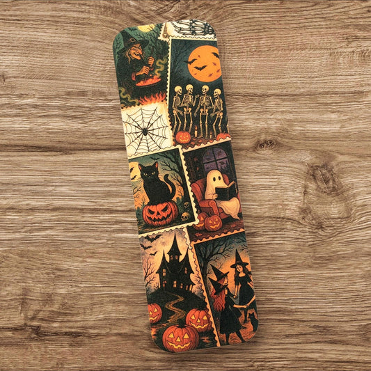 Vintage Stamps Style Halloween Bookmark, double-sided printed bookmark for teachers, trick or treat bags, October birthday gift for readers.