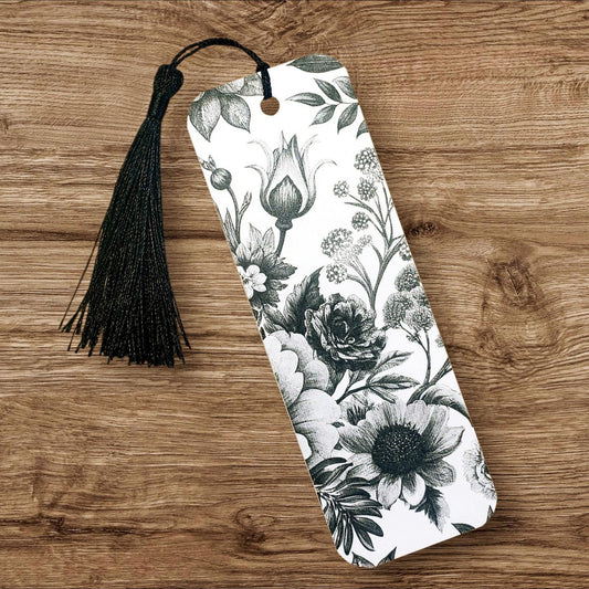 Black and White Floral Printed Bookmark with tassel