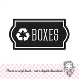 Boxes Recycle Decal, computer cut recycling labels, trash recycle plastic glass paper metal bottles, recycling tote decals, BOXES