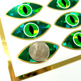 Green Dragon Eye Stickers, Set of 20 Peel and Stick Sparkly Reptile Eyes with Gold Border, fantasy book reader gift, snake eyes for crafts.