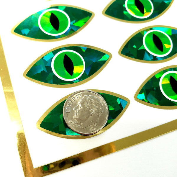 Green Dragon Eye Stickers, Set of 20 Peel and Stick Sparkly Reptile Eyes with Gold Border, fantasy book reader gift, snake eyes for crafts.