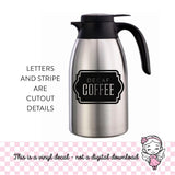 decaf coffee decal applied to metal carafe