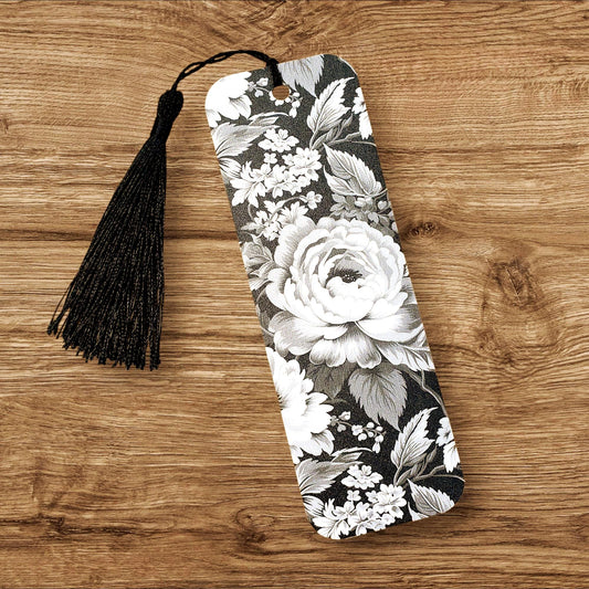 Black and White Floral Toile Chinoiserie Bookmark with tassel, printed bookmark for bridal shower, gift bag, book club gift
