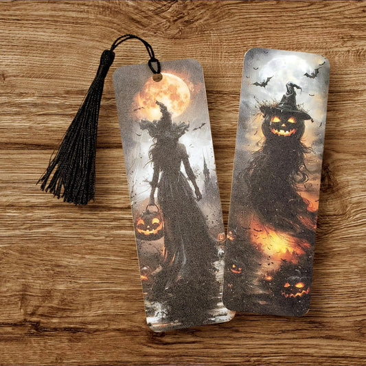 Witch Bookmark with tassel, double sided full color printed bookmark, Halloween gothic black witch silhouette and jack o lantern pumpkins.