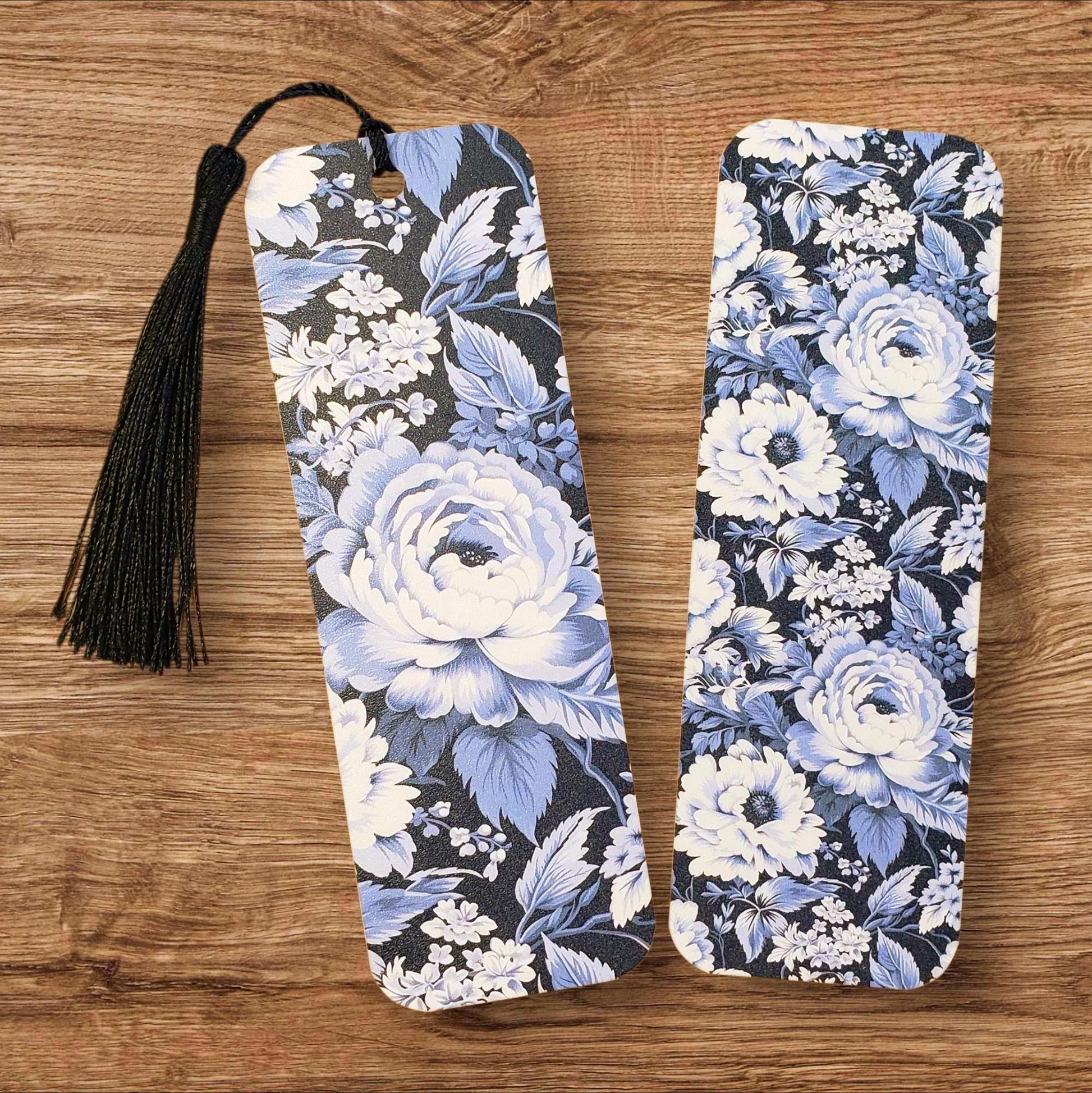 Blue and White Floral Toile Printed Bookmark with tassel