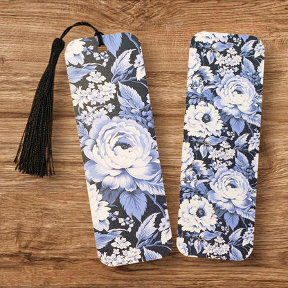 Blue and White Floral Toile Printed Bookmark with tassel