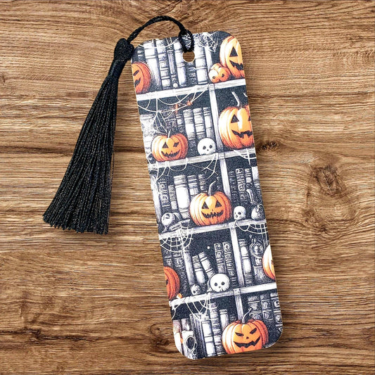 Cute Ghost Bookmark with tassel, double sided full color printed bookmark, Halloween cartoon ghost with bookshelf and carved pumpkins.