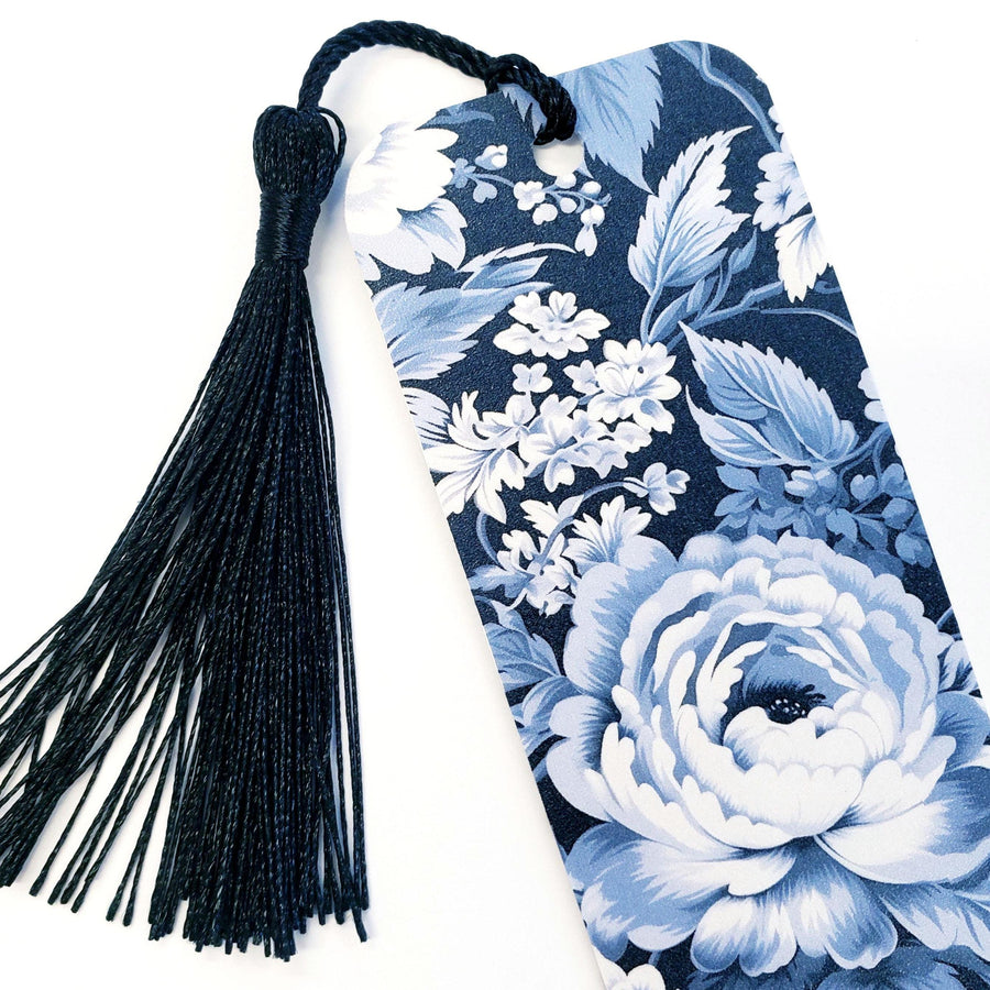 Blue and White Floral Toile Printed Bookmark with tassel