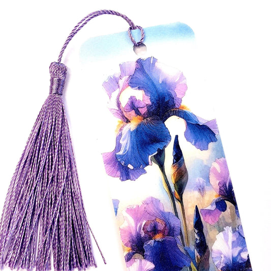 Purple Iris Flower Bookmark with tassel, double-sided