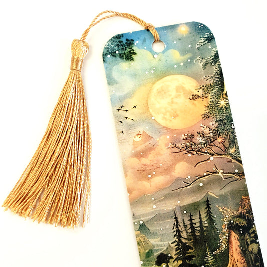 Full Moon Enchanted Forest Bookmark, double sided color printed bookmark with gold tassel, gift for romantic fantasy reader, personalized.
