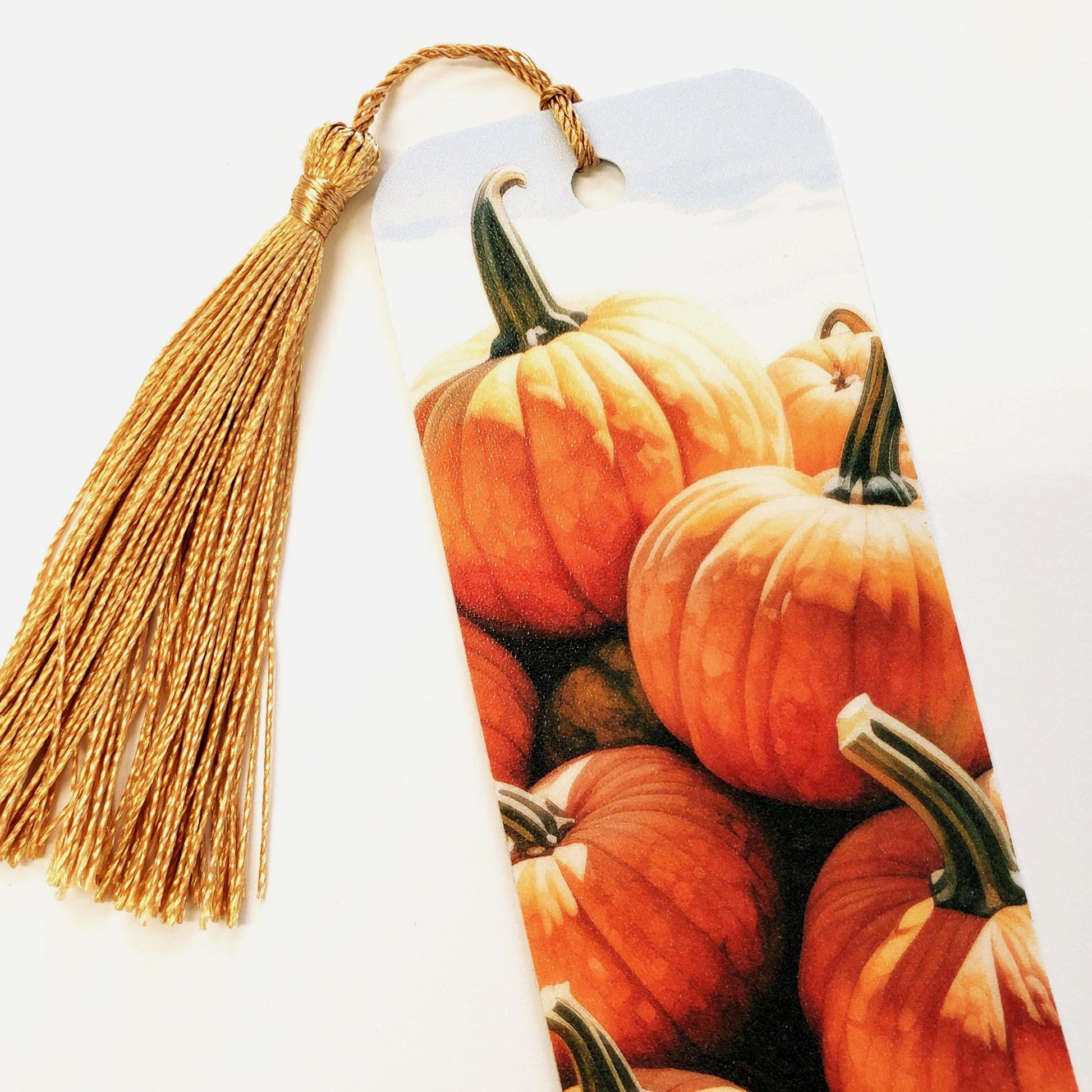 Pumpkin Patch Bookmark with tassel – Back to School bookmark, gift for student, fall season, New England landscape.
